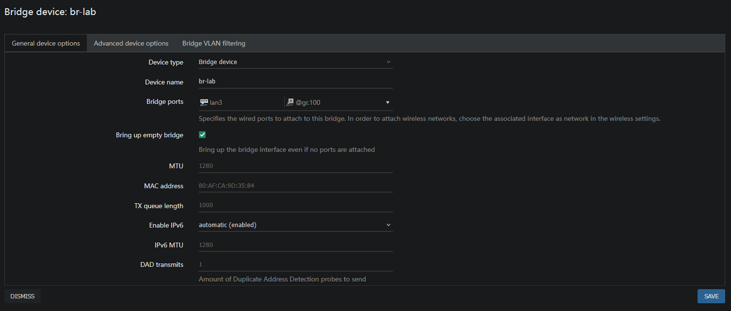 Bridge device avec port GREtap