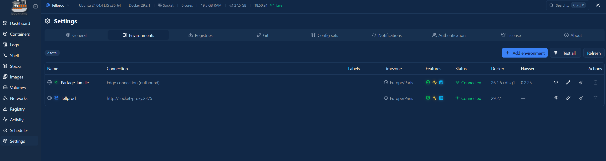 Configuration d'un environnement dans Dockhand