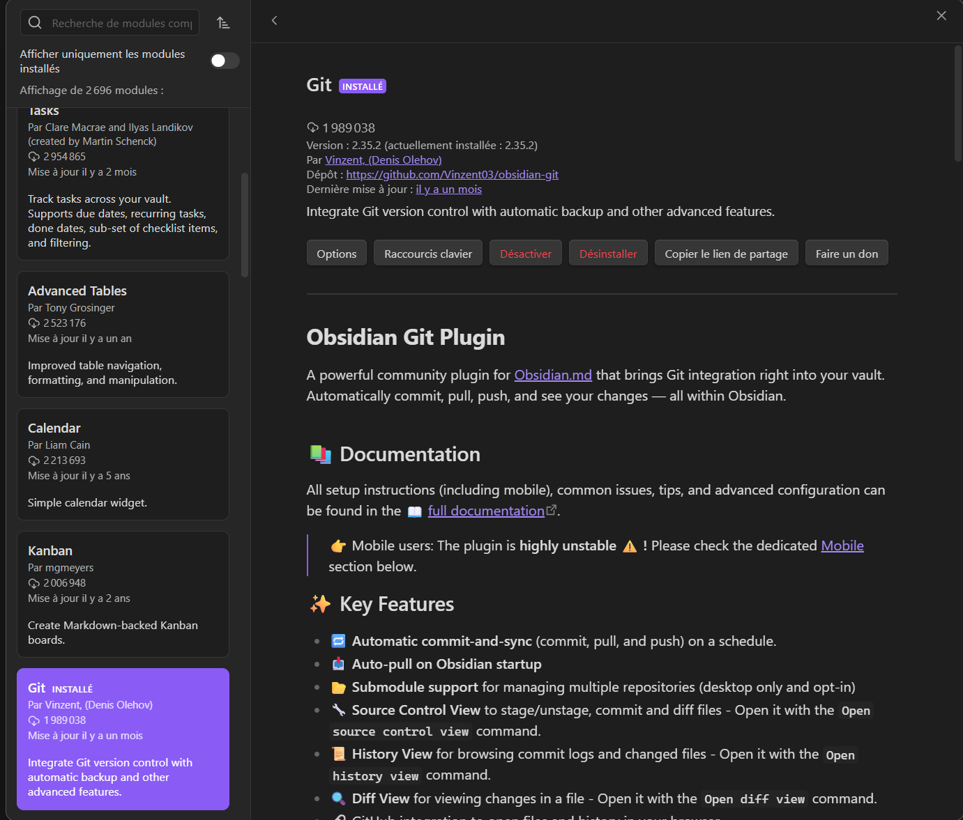 Installation du plugin Obsidian Git